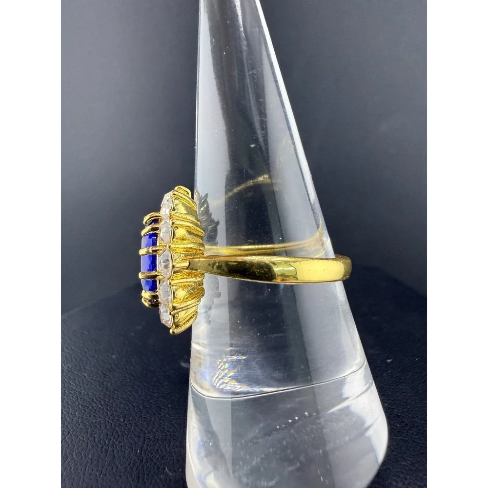 Cocktail Ring Blue Gold Tone Rhinestone Oval Cluster Size 8